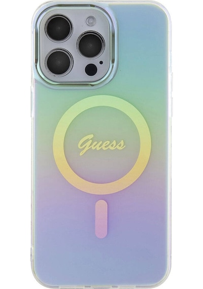 Apple Uyumlu iPhone 15 Pro Kılıf Guess Lisanslı Magsafe Şarj Özellikli Yazı Logo Iridescent Siyah