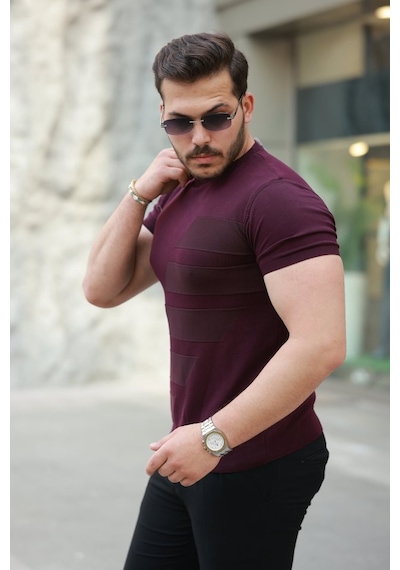 Erkek Bisiklet Yaka Kısa Kollu Tişört Bordo