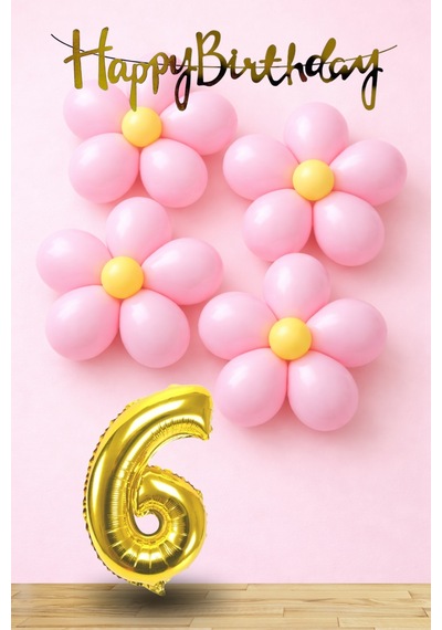 6 Yaş Pembe Sarı Papatya Temalı Gold Rakam Gold Happy Birthday Banner Doğum Günü Süsleme Altın - Pembe