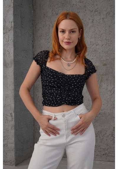 Defymoda Puantiyeli Belden Oturtmalı Tül Siyah Bluz Siyah