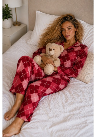 Kadın Örme Gömlek Yaka Kırmızı Pijama Takımı