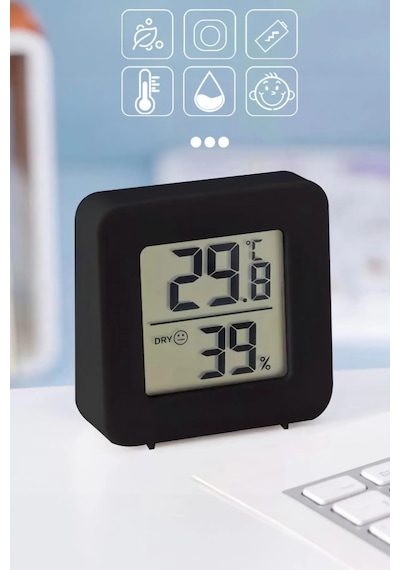 Mini Lcd Dijital Sıcaklık Nem Ölçer Termometre Higrometre - Duvara Takılabilir Siyah