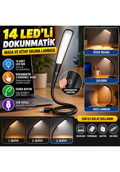 Dilaratrendhouse Usb Girişli 14 Ledli 3 Kademeli Dokunmatik Masa/kitap Okuma Lambası Ledi Siyah Dlra