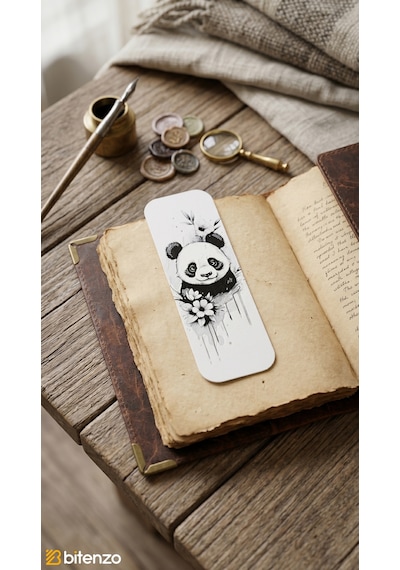 Sevimli Panda Ve Çiçek Motifli Kabartma Dokulu Kitap Ayracı - Estetik Siyah&beyaz Kitap Aksesuarı