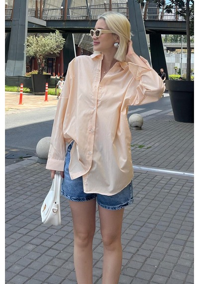 Madmext Sarı Çizgili Over Fit Gömlek Mg1525 Sarı
