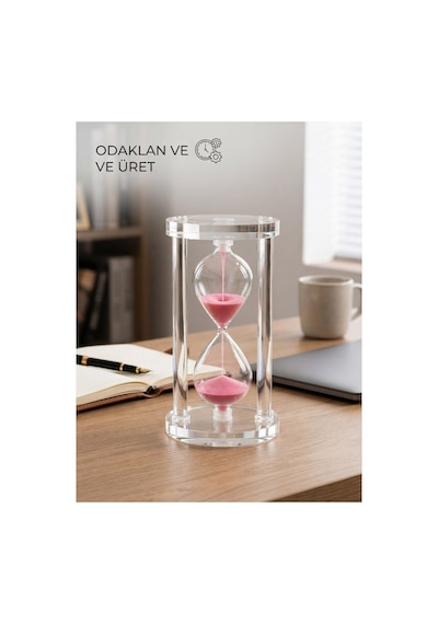 Özel Tasarım Standlı Ev Ofis Lüks Masa Üstü Dekorasyonu Şeffaf Cam Pembe Kum Saati 10 Dakikalık 14cm Çok Renkli