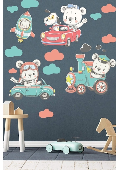 Sevimli Ayıcıklar Ve Araçlar Çocuk Odası Duvar Sticker Seti