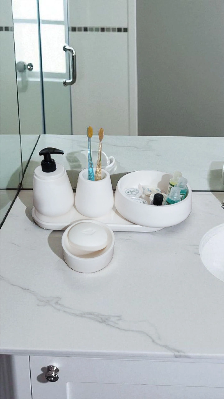 Kırık Beyaz Marble Serisi 5'lı Banyo Seti, Sıvı Sabunluk Diş Fırçalığı Beton Aksesuar Takımı Beyaz