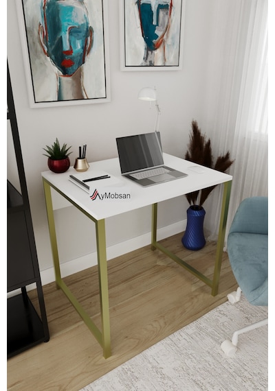 Selin Metal Ayaklı Çalışma Masası Beyaz Suntalam, Gold Ayak, Modern Ofis & Ev Masası Altın - Beyaz