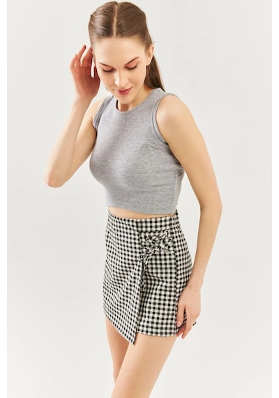 Butikgiz Kadın Sıfır Kol Bisiklet Yaka Vücuda Oturan %100 Pamuklu Kaşkorse Esnek Crop Bluz Gri