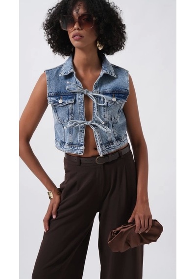 Defymoda Bağlama Detay Denim Yelek Mavi