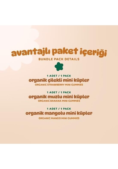 Organik Glutensiz Vegan Muzlu Çilekli Ve Mangolu Mini Küpler Atıştırmalık Paketi - 3 Adet 3 Çeşit 90 G