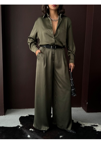 Verymoda Yüksek Bel Bol Paça Saten Pantolon Şık Ve Rahat Tasarım F2052 Haki