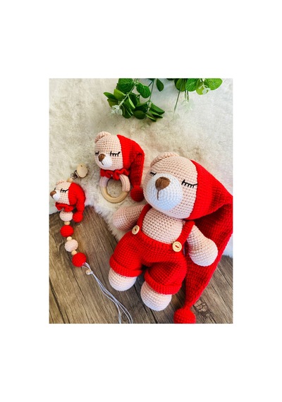 Adenya Sepeti Amigurumi Örgü Masal Ayıcık Üçlü Set-kırmızı