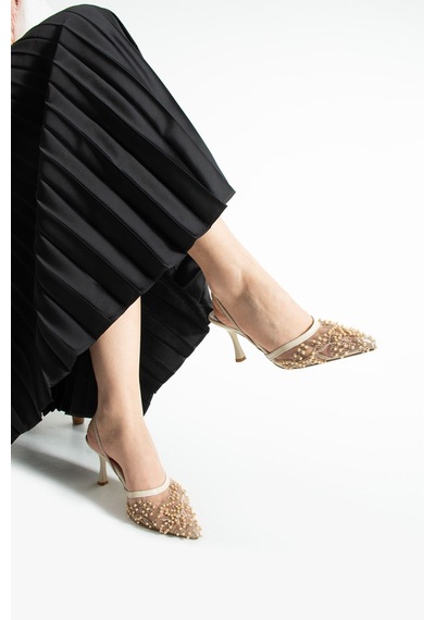 Lebibe Shoes Meggıe Kadın Bej Sivri Burun 7 Cm Topuklu Tül Üzerine İnci İşlemeli Slingback Ayakkabı