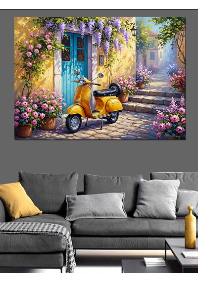 Ahşap Tablo Çiçekli Sokakta Sarı Scooter Tablo