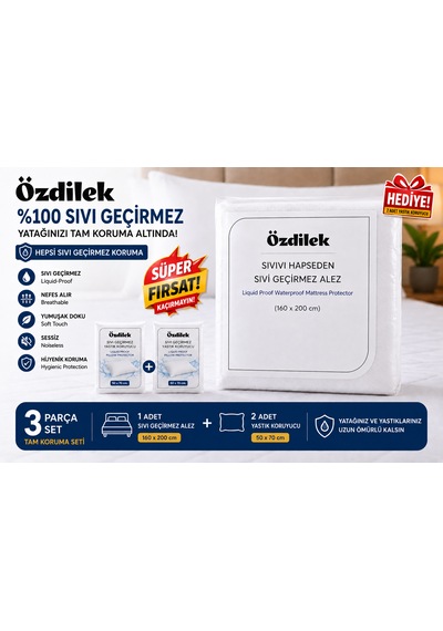 Özdilek 160x200 Sıvı Geçirmez Kapitone Yatak Alezi + 2 Adet Hediye Yastık Koruyucu 50x70 Su Geçirmez Alez Seti Beyaz