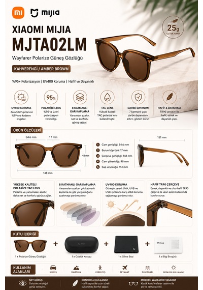 Mijia Wayfarer Polarize 8 Katmanlı Oar Kaplama Unisex Güneş Gözlüğü Tac Lens Kahverengi Mjta02lm