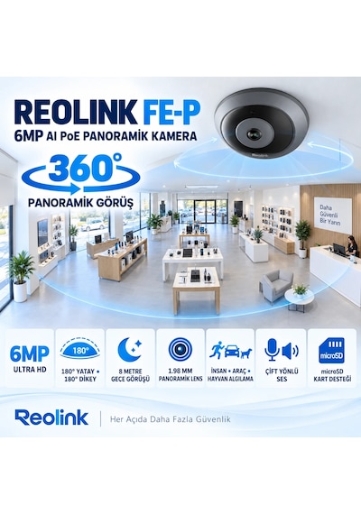 Reolink Fe-p 6mp 360 Derece Panoramik Fisheye Balıkgözü Kamera Poe