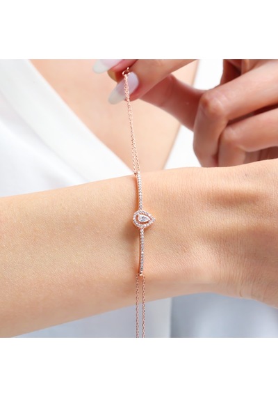 Zincir Detay Işıltılı Damla Rose Renk Gümüş Bileklik