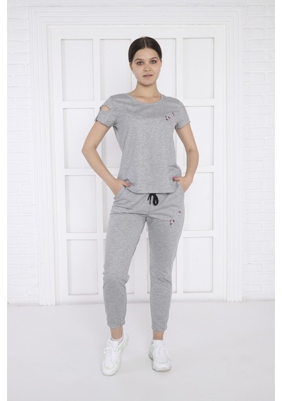Kadın Spor G2 Melanj Alt-Üst T-Shirt Takım-3936 Açık Gri Melanj