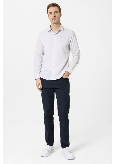 Süvari Bej Slim Fit Armürlü Klasik Yaka Gömlek