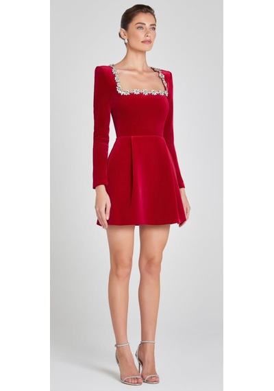 Hanife Glam Couture Hanife Glam Kare Yaka Taşlı Mini Kadife Elbise Kırmızı
