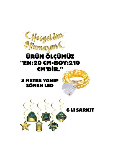 Hoşgeldin Ramazan Işıklı Süs 3 Metre Led + 6 Lı Ramazan Sarkıt Dekor Altın