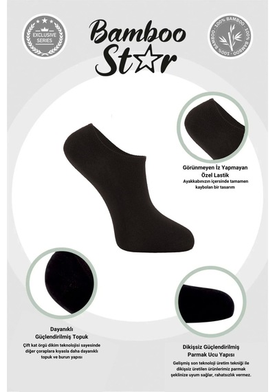 Bamboo Star Bambu Erkek Sneaker Siyah Çorap Dikişsiz Görünmez Bilekte Görünmez Spor Çorap Premium 6'lı Paket