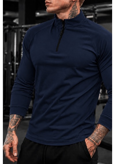 Genius Store Erkek Yarım Fermuarlı Compression Uzun Kol Spor Tişört Ve Fitness Tişörtü Dalgıç-uzun Lacivert