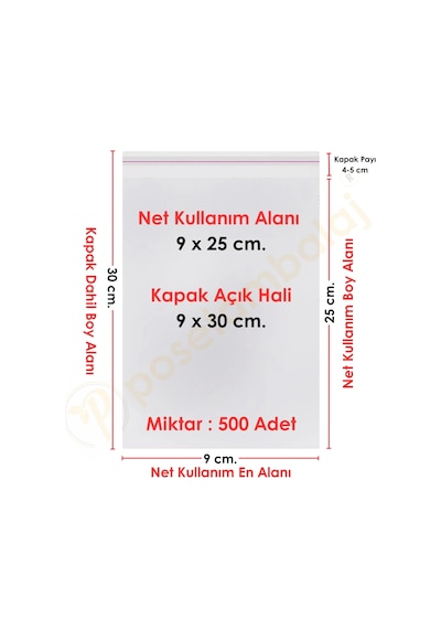 9x25+5 Cm. 9x30 500 Adet Şeffaf Bantlı Yapışkanlı Opp Poşet