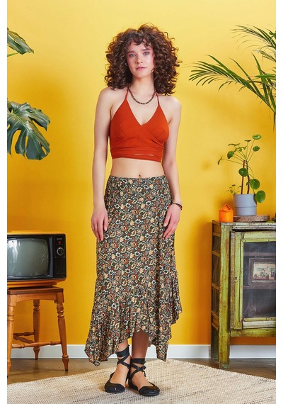 Los Banditos Beli Lastikli Bohem Tarz Desenli Volanlı Etek Haki
