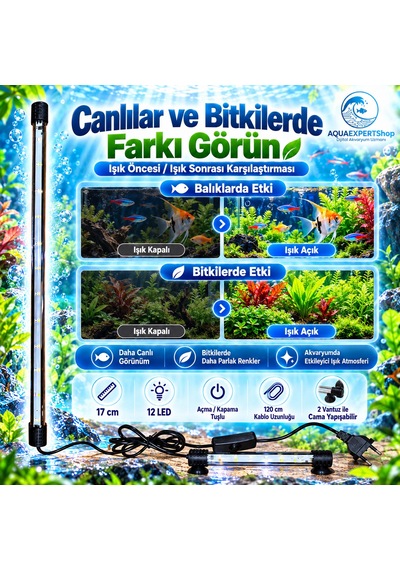 Akvaryum Işığı - Balık Işığı - Bitki Işığı - 17 Cm - 12 Led - Tamamen Su İçinde Kullanılabilir - 3 Modlu - 2w - Mükemmel Işık