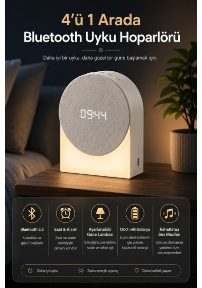 Polham 4in1 Arada Bluetooth Uyku Hoparlörü Gece Lambası, Dijital Saat, Alarm Ve Rahatlatıcı Uyku Sesleri