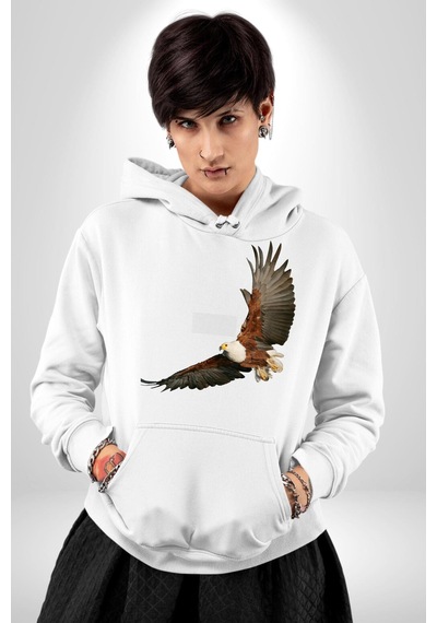 Kartal Özgürlük Kadın Erkek Beyaz Kapüşonlu Sweatshirt Hoodie Beyaz