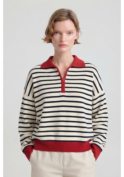 Soft&basic Çizgili Polo Yaka Triko Kadın Kazak Fermuarlı Kırmızı