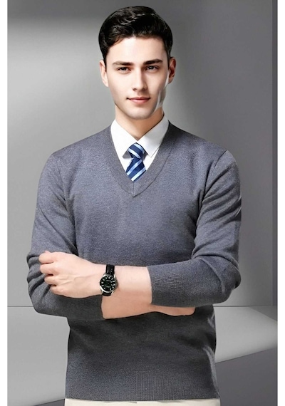 Tezzgelsin Erkek V Yaka Uzun Kol Triko Tüylenmez Süveter Erkek Slim Fit Süveter Füme
