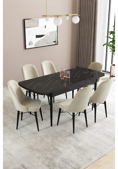 Familieconcept Almira Serisi, Siyah Mermer Desen 80x132 Açılabilir Mdf Mutfak Masası Takımı 6 Adet Sandalye Krem Familieconcept Almira Serisi, Siyah Mermer Desen 80x132 Açılabilir Mdf Mutfak Masası Takımı 6 Adet Sandalye Krem