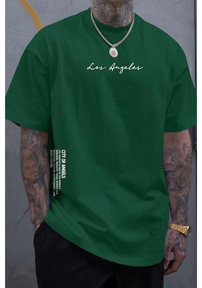 Uyguntarz Erkek Los Angles Baskılı Oversize Tshirt Yeşil