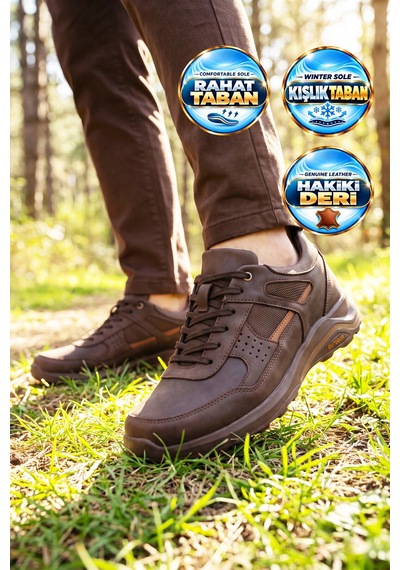Ayakmod Kahve Hakiki Deri Bağcıklı Kaymaz Tabanlı Erkek Outdoor Trekking Ayakkabı 2055 Kahverengi