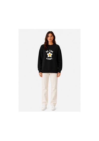 Herkesemoda Be The Light Papatya Baskı Detaylı Şardonlu 2 İplik Bisiklet Yaka Sweatshirt Siyah