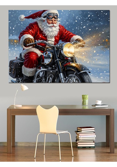 Motosiklet Süren Noel Baba Figürü Dekoratif Kanvas - Mdf Ahşap Tablo