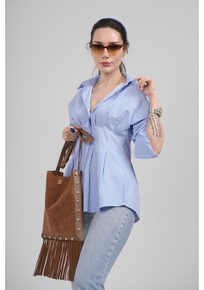 Mayrem Kadın Mavi Çizgili Bel Oturtmalı Oversize Gömlek Bluz