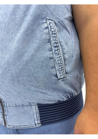 Büyük Beden Denim Dik Yaka Fermuarlı Cepli Bomber Erkek Yelek Mavi