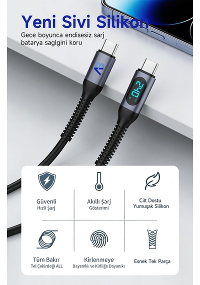 Apollobell Cch01-007 150cm/5ft 240w Yüksek Hızlı Ekranlı Şarj Kablosu