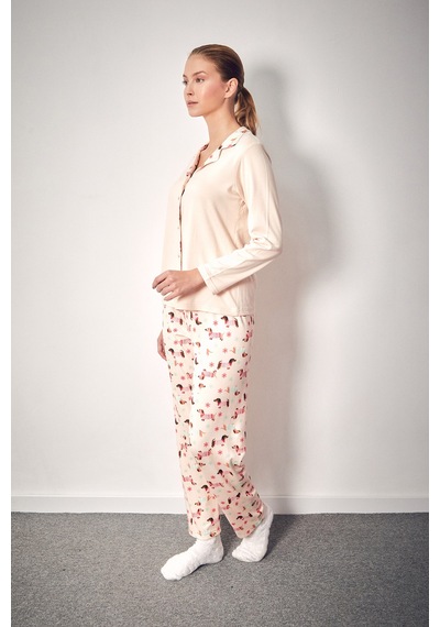 Fullamoda Köpek Desenli Gömlek Yaka 2 Li Pijama Takımı 24mıcg631216552-bej Bej