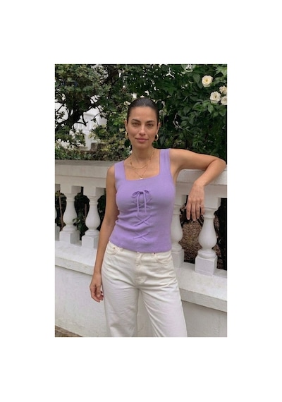 Onno Style Women Kolsuz Askılı Kare Yaka Bağcık Detaylı Triko Kadın Bluz Lila