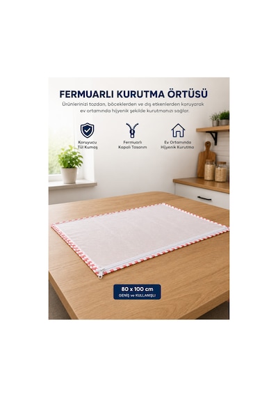 80x100 Cm Fermuarlı Tül Kurutma Örtüsü Toz Ve Böceklere Karşı Koruyucu Hijyenik Kurutma Filesi