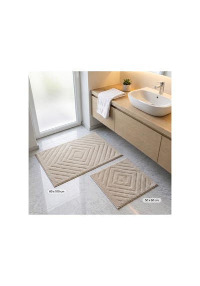 Liberta 2'li Banyo Paspas Takımı %65 Pamuk Yüksek Emici Pamuklu Banyo Paspası 60x100 Cm + 50x60 Cm Bej