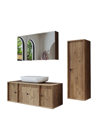 Oval Lavabolu Mat Mdf 120 Cm Çekmeceli Banyo Dolabı + Aynalı Üst Atlantik Çam Oval Lavabolu Mat Mdf 120 Cm Çekmeceli Banyo Dolabı + Aynalı Üst Atlantik Çam
